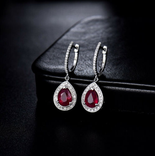 3.75 CT Pear Cut Red Ruby 925 Sterling Silver Halo Drop Dangle Engagement Wedding Earrings
