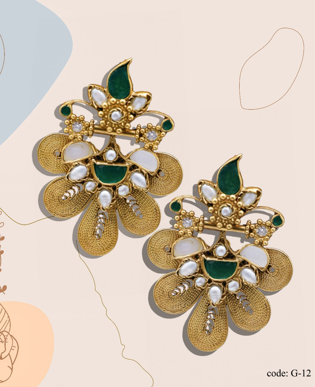 925 Sterling Silver With Emerald Stone & Pearl Traditional Triveni Earing