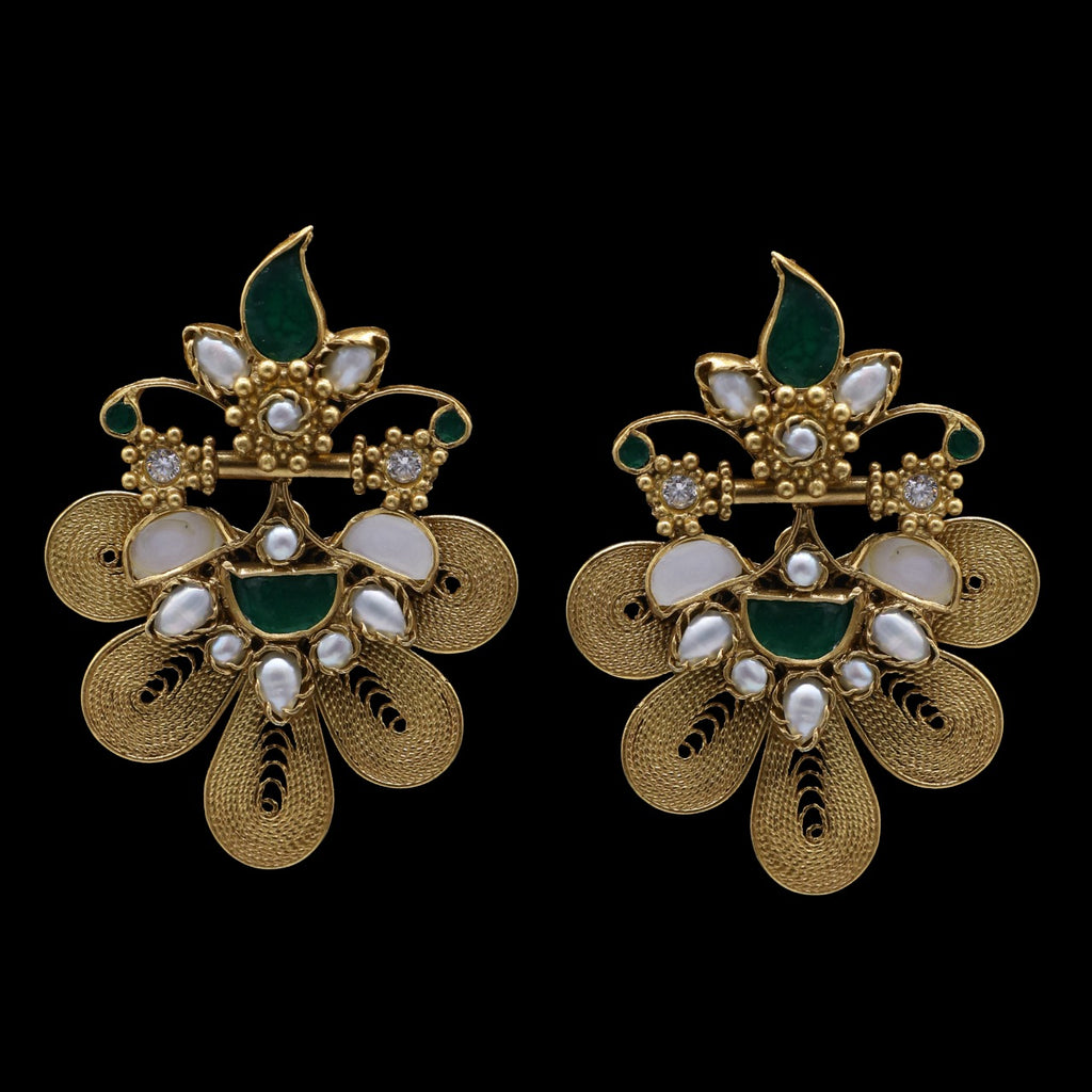 925 Sterling Silver With Emerald Stone & Pearl Traditional Triveni Earing