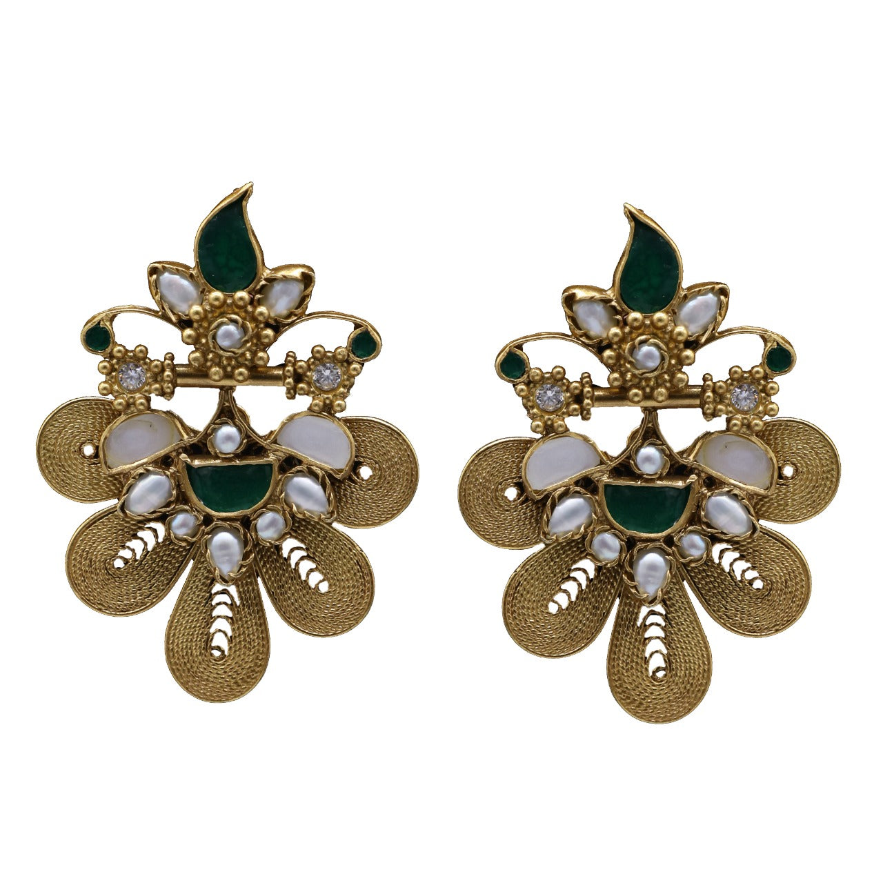 925 Sterling Silver With Emerald Stone & Pearl Traditional Triveni Earing