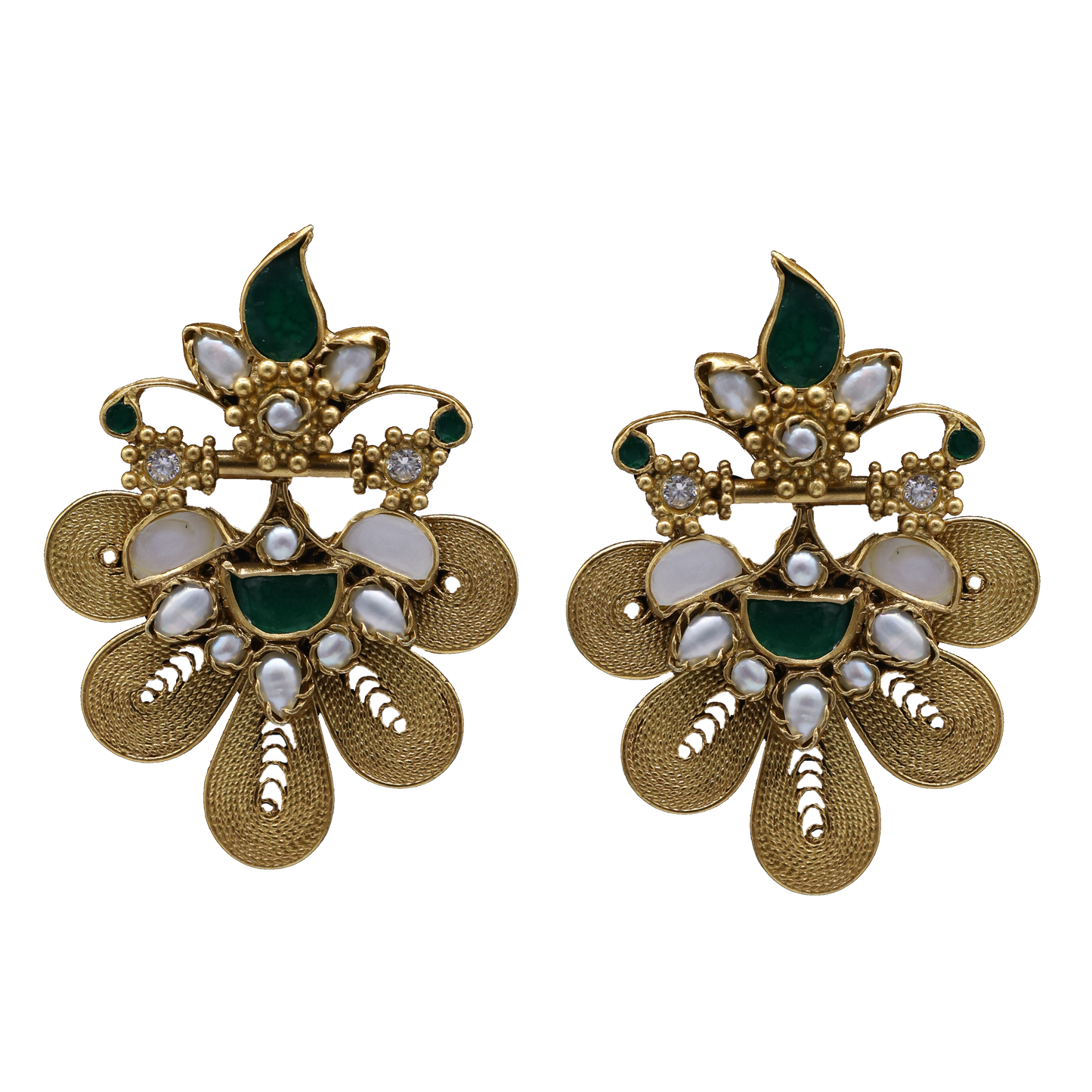 925 Sterling Silver With Emerald Stone & Pearl Traditional Triveni Earing