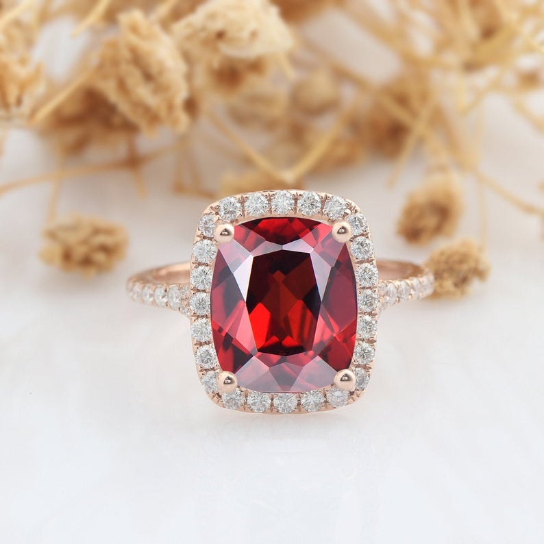 2 Ct Cushion Cut Red Garnet Diamond 925 Sterling Silver Halo Engagement Ring