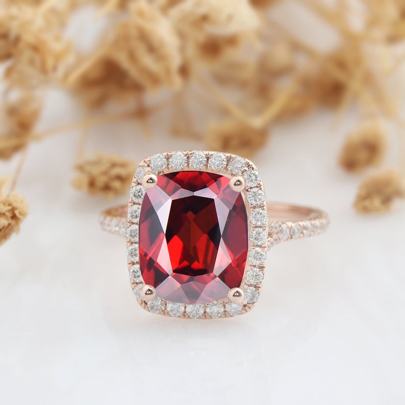2 Ct Cushion Cut Red Garnet Diamond 925 Sterling Silver Halo Engagement Ring