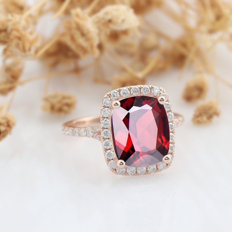 2 Ct Cushion Cut Red Garnet Diamond 925 Sterling Silver Halo Engagement Ring