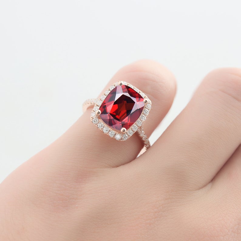 2 Ct Cushion Cut Red Garnet Diamond 925 Sterling Silver Halo Engagement Ring
