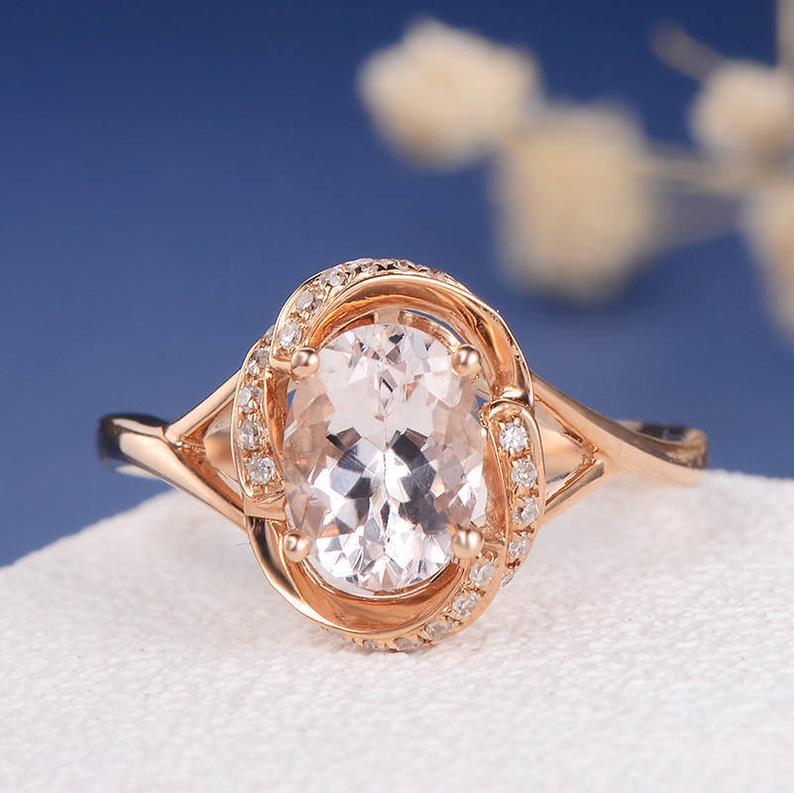 1 CT Oval Cut Morganite Diamond Rose Gold Over On 925 Sterling Silver Halo Split Shank Flower Promise Ring