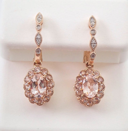 2.75 Ct Oval Cut Morganite Rose Gold Over On 925 Sterling Silver Flower Halo Dangle Earrings