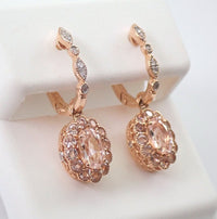 2.75 Ct Oval Cut Morganite Rose Gold Over On 925 Sterling Silver Flower Halo Dangle Earrings