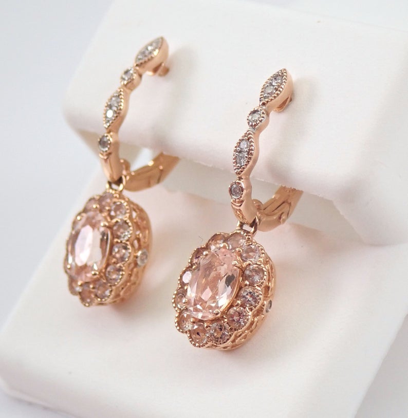 2.75 Ct Oval Cut Morganite Rose Gold Over On 925 Sterling Silver Flower Halo Dangle Earrings