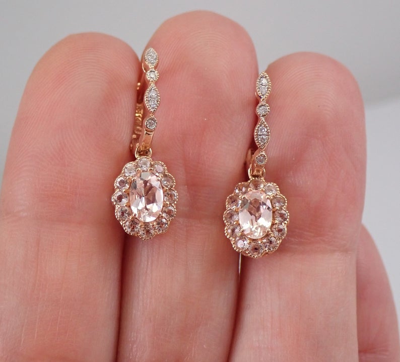 2.75 Ct Oval Cut Morganite Rose Gold Over On 925 Sterling Silver Flower Halo Dangle Earrings