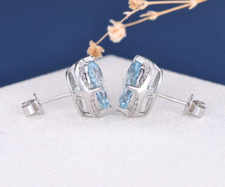 3.20 Ct Oval Cut Aquamarine Diamond 925 Sterling Silver Art Deco Butterfly Stud Earrings