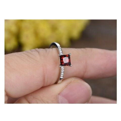 1 Ct Princess Cut Red Garnet Diamond 925 Sterling Silver Solitaire W/Accents Promise Ring
