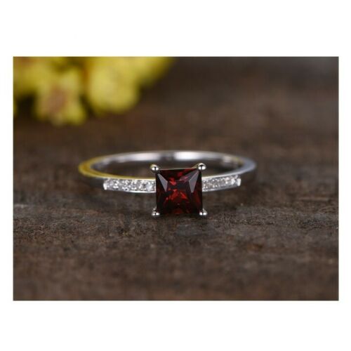 1 Ct Princess Cut Red Garnet Diamond 925 Sterling Silver Solitaire W/Accents Promise Ring