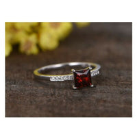 1 Ct Princess Cut Red Garnet Diamond 925 Sterling Silver Solitaire W/Accents Promise Ring