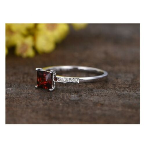 1 Ct Princess Cut Red Garnet Diamond 925 Sterling Silver Solitaire W/Accents Promise Ring