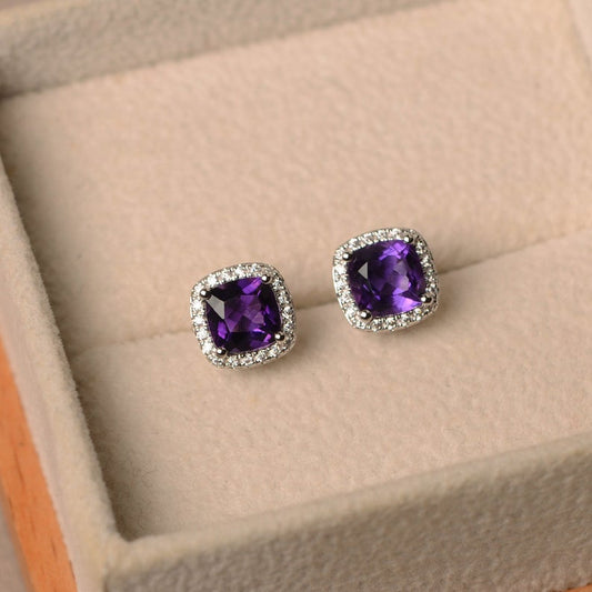 2.50 Ct Cushion Cut Purple Amethyst 925 Sterling Silver Halo Stud Earrings