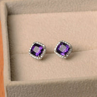 2.50 Ct Cushion Cut Purple Amethyst 925 Sterling Silver Halo Stud Earrings