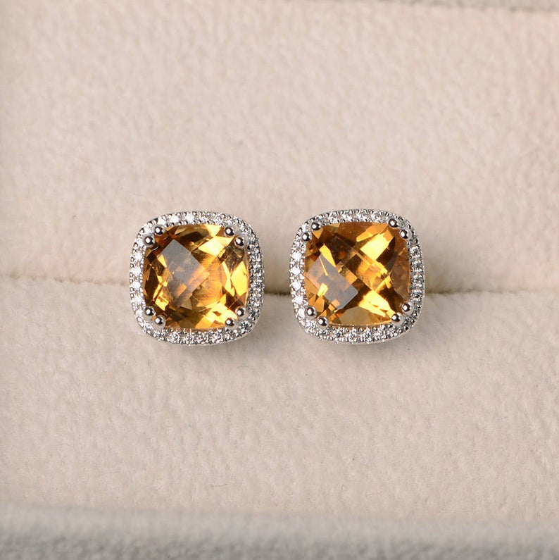 2.20 Ct Cushion Cut Yellow Citrine 925 Sterling Silver Halo Engagement Earrings