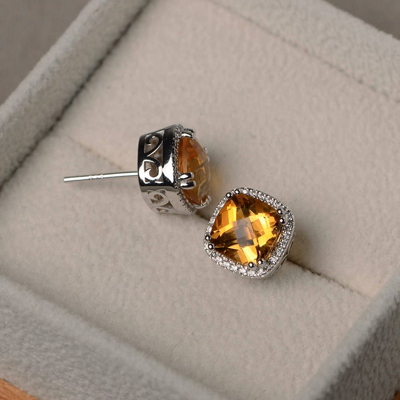 2.20 Ct Cushion Cut Yellow Citrine 925 Sterling Silver Halo Engagement Earrings