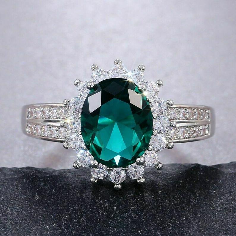 2 CT Oval Cut Green Emerald Diamond White Gold Over On 925 Sterling Silver Women Halo Anniversary Ring