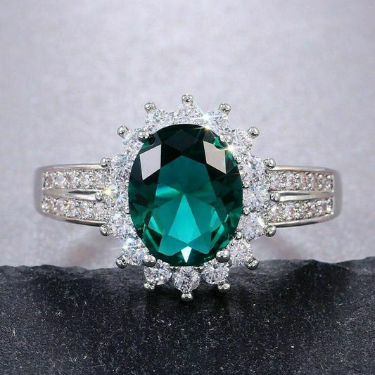 2 CT Oval Cut Green Emerald Diamond White Gold Over On 925 Sterling Silver Women Halo Anniversary Ring