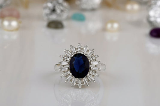 1 CT Oval Cut Blue Sapphire Diamond White Gold Over On 925 Sterling Silver Cluster Engagement Ring