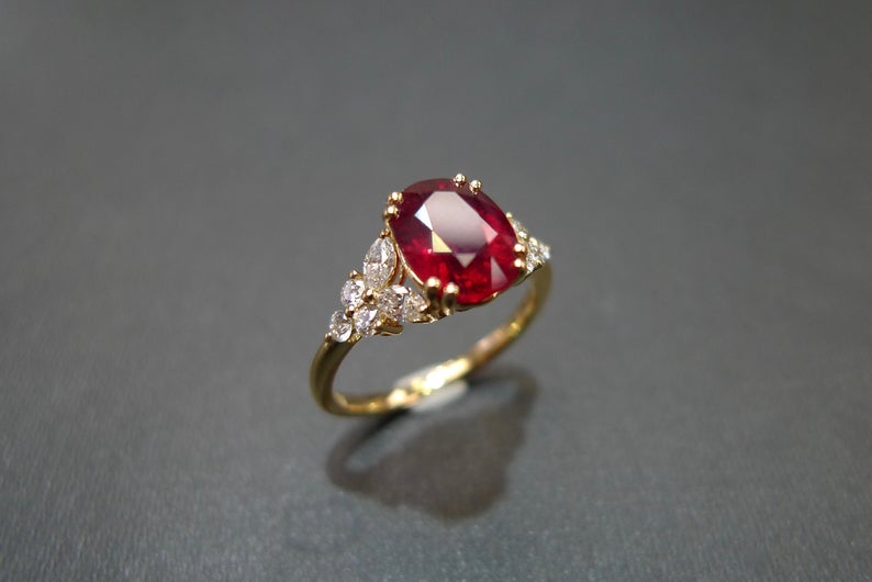 1 CT Oval Cut Ruby Diamond Yellow Gold Over On 925 Sterling Silver Solitaire With Accents Ring