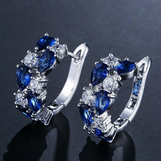 3.50 Pear Cut Blue Sapphire & Round CZ 925 Sterling Silver Latch Back Hoop Earrings