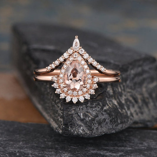1 CT Pear Cut Morganite Diamond 925 Sterling Silver Bridal Set Halo Wedding Ring