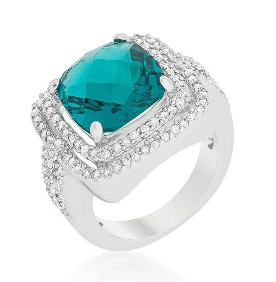 925 Sterling Silver White CZ Candy Aqua Cocktail Ring