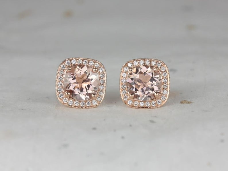 1.50 Ct Cushion Cut Morganite Diamond Halo Earrings Rose Gold Plated On 925 Sterling Silver