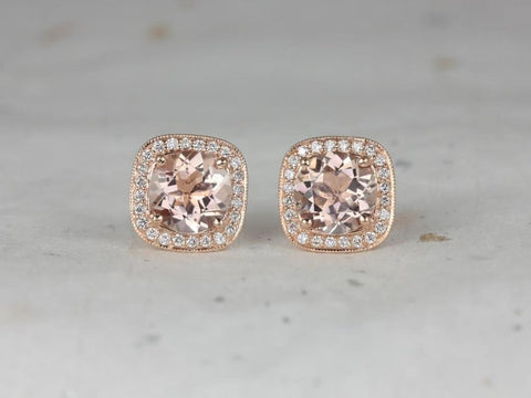 1.50 Ct Cushion Cut Morganite Diamond Halo Earrings Rose Gold Plated On 925 Sterling Silver
