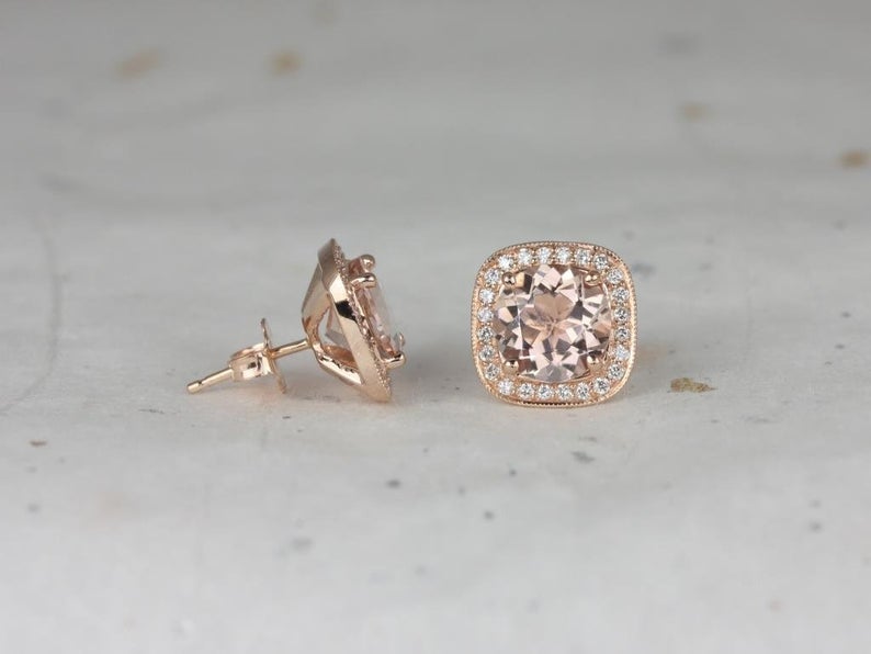 1.50 Ct Cushion Cut Morganite Diamond Halo Earrings Rose Gold Plated On 925 Sterling Silver