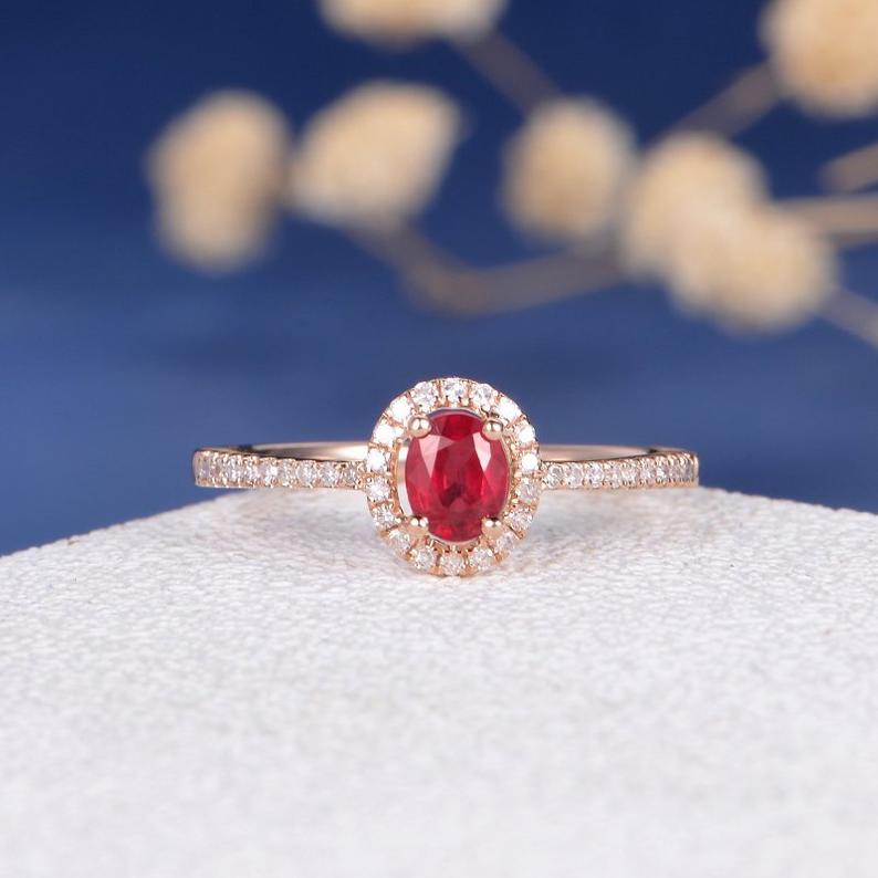 1 CT Oval Cut Red Ruby Diamond Rose Gold Over On 925 Sterling Silver Halo Wedding Ring