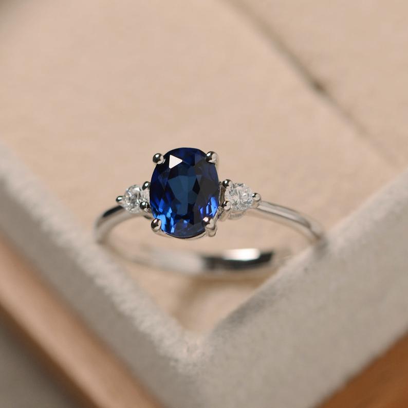 1 Ct Oval Cut Blue Sapphire 925 Sterling Silver Three-Stone Promise Ring