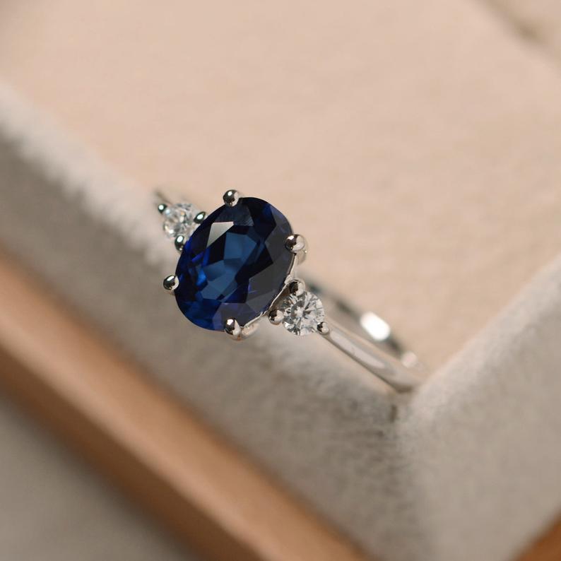 1 Ct Oval Cut Blue Sapphire 925 Sterling Silver Three-Stone Promise Ring