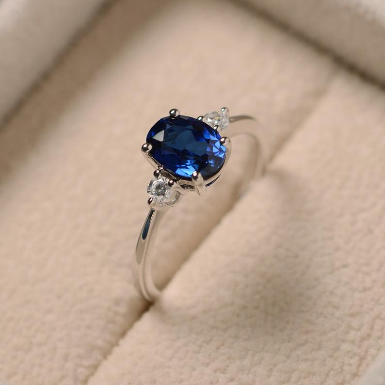 1 Ct Oval Cut Blue Sapphire 925 Sterling Silver Three-Stone Promise Ring