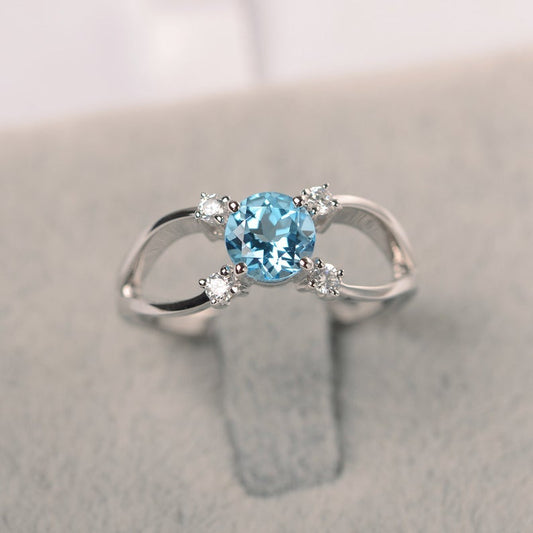 925 Sterling Silver 1 CT Round Cut Blue Topaz Split Shank Promise Gift Ring