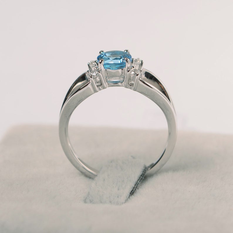 925 Sterling Silver 1 CT Round Cut Blue Topaz Split Shank Promise Gift Ring