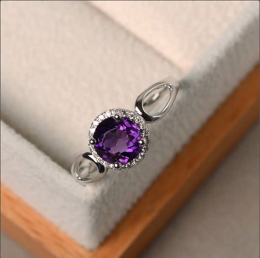 1.20 Ct Round Cut Purple Amethyst February Birthstone Halo Ring In 925 Sterling Silver