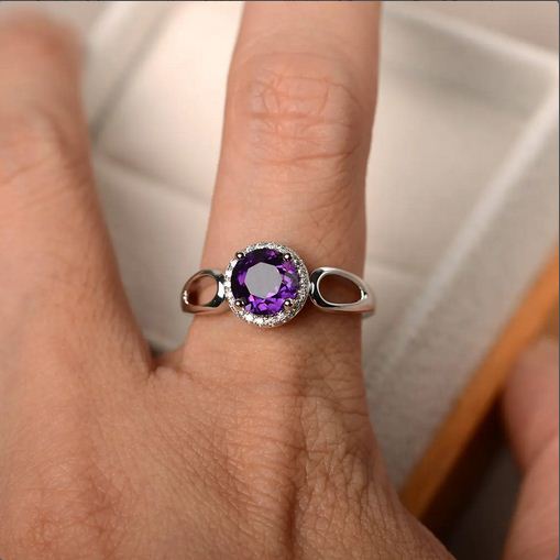 1.20 Ct Round Cut Purple Amethyst February Birthstone Halo Ring In 925 Sterling Silver