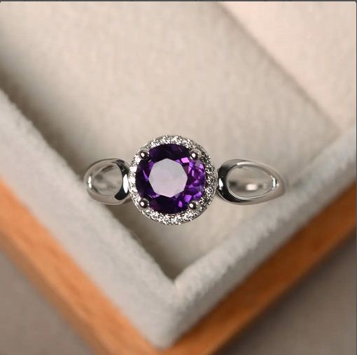 1.20 Ct Round Cut Purple Amethyst February Birthstone Halo Ring In 925 Sterling Silver