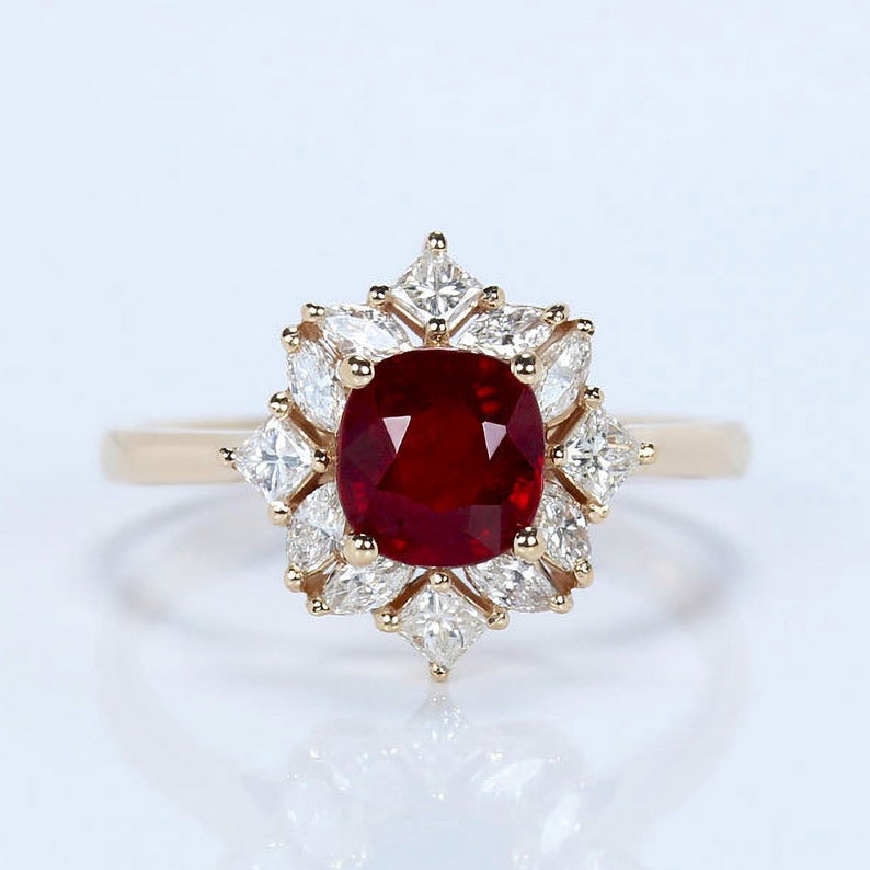 1.2 CT Cushion Cut Ruby Diamond Rose Gold Over On 925 Sterling Silver Engagement Ring