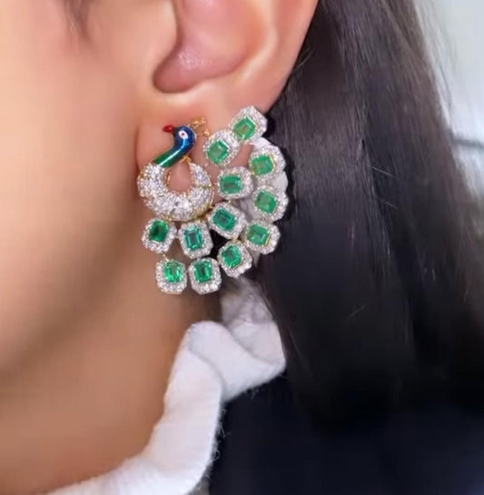 3.50 Ct Emerald Cut Green Emerald Stunning Peacock Earrings In 925 Sterling Silver
