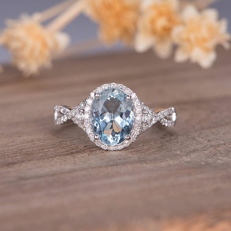 1 CT Oval Cut Aquamarine Diamond White Gold Over On 925 Sterling Silver Halo Infinity Band Ring