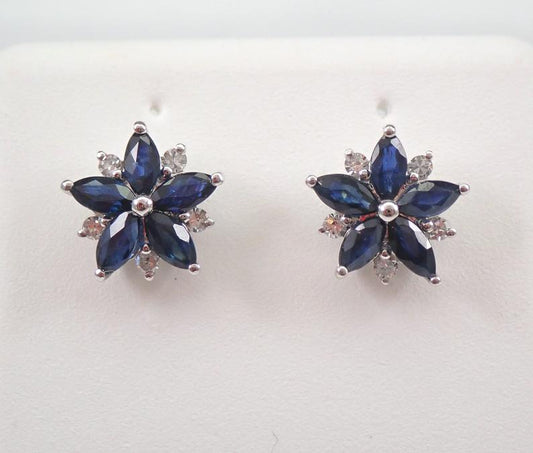 2.75 Ct Marquise Cut Blue Sapphire 925 Sterling Silver Floral Cluster Earrings