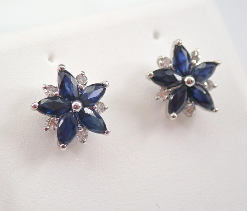 2.75 Ct Marquise Cut Blue Sapphire 925 Sterling Silver Floral Cluster Earrings