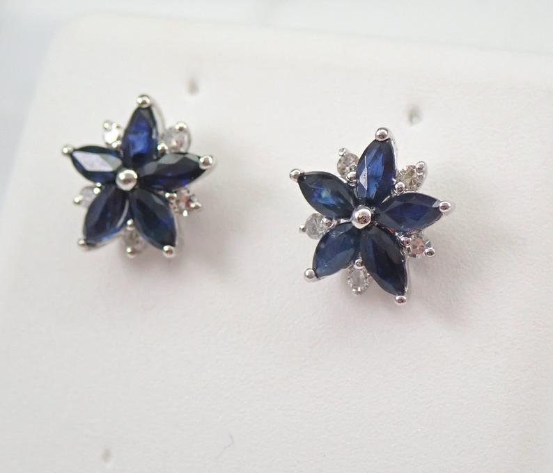 2.75 Ct Marquise Cut Blue Sapphire 925 Sterling Silver Floral Cluster Earrings