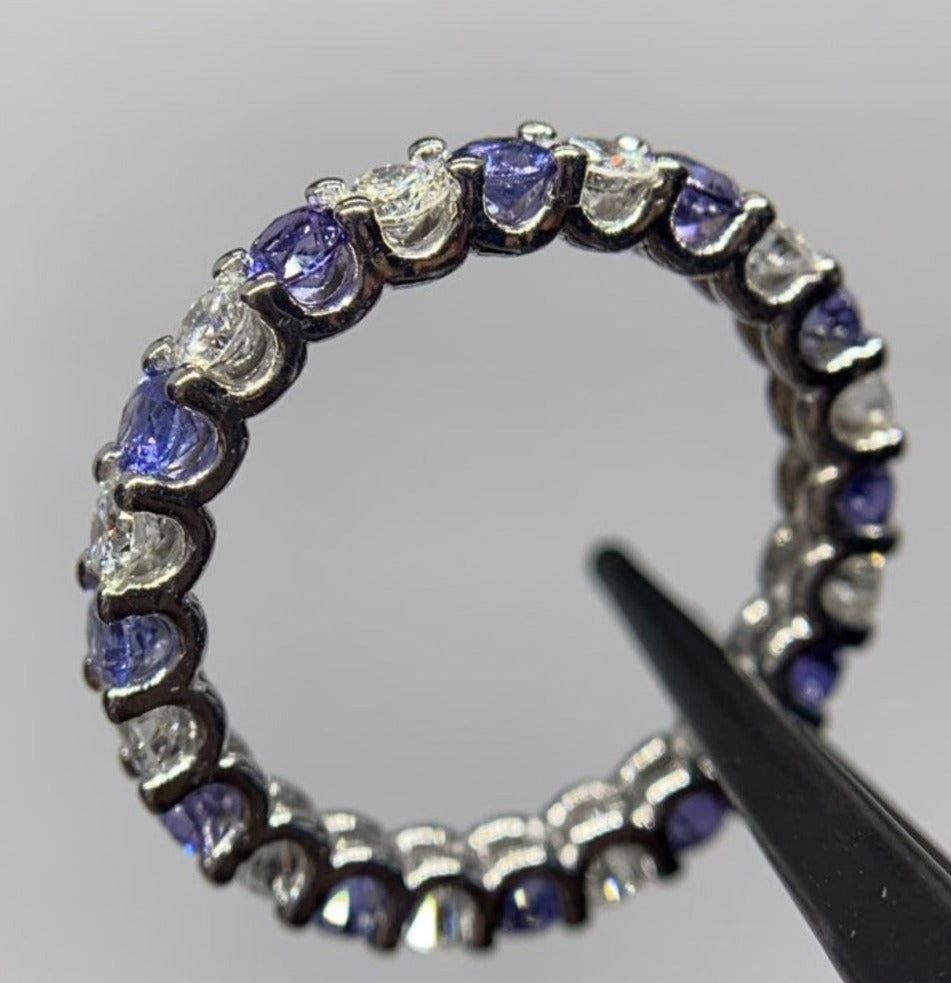 1 CT 925 Sterling Silver Blue Sapphire Round Cut Diamond Anniversary Band Ring