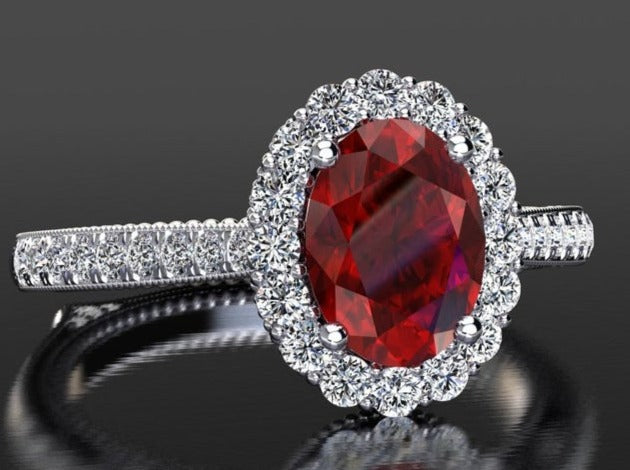 2 CT 925 Sterling Silver Red Ruby Oval Cut Diamond Anniversary Halo Ring